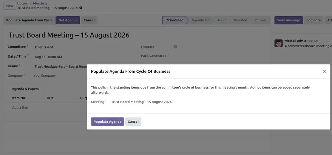 Trust Board Meeting record with a Populate Agenda From Cycle Of Business action, next to the Governance module's Committees, Meetings, Declarations and Assurance (BAF) menus