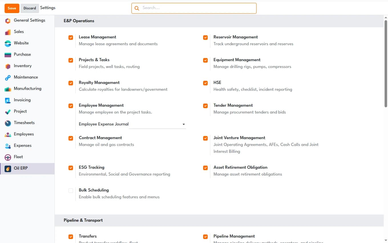 Oil ERP configuration screen listing every enabled module — Lease and Reservoir Management, Royalties, HSE, ESG Tracking, Joint Venture Management, Asset Retirement Obligation and more — under one settings page
