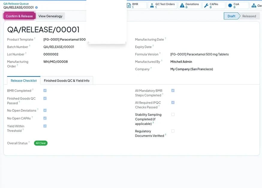 QA Release Queue record with a Release Checklist confirming BMR completed, finished goods QC passed, no open deviations and no open CAPAs, before Confirm & Release is available