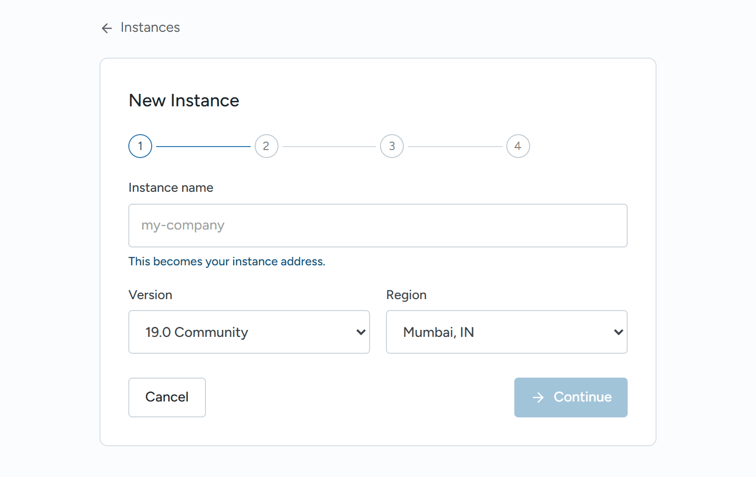 The new instance wizard: pick a version, name the instance, deploy