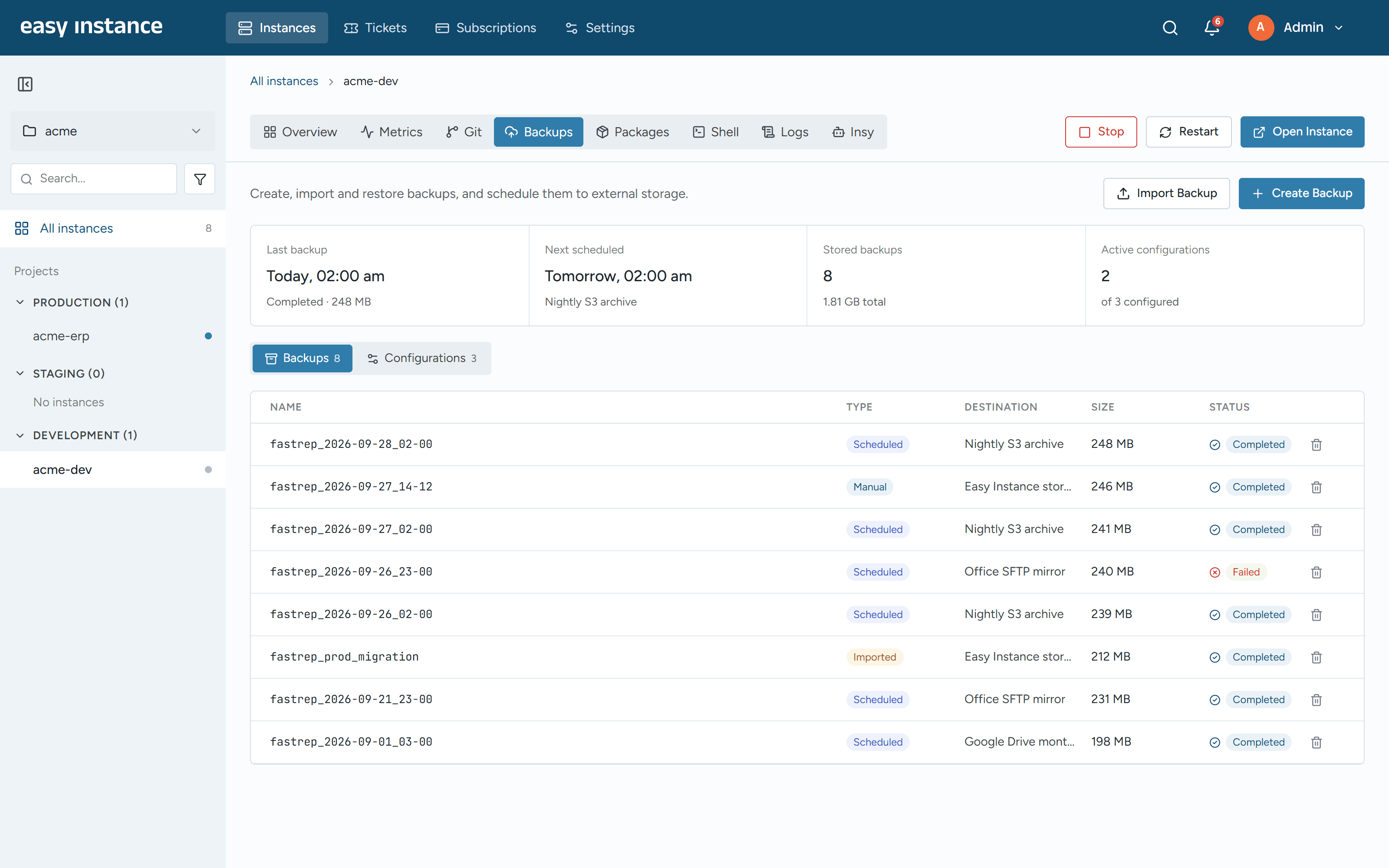 Easy Instance Backups screen
