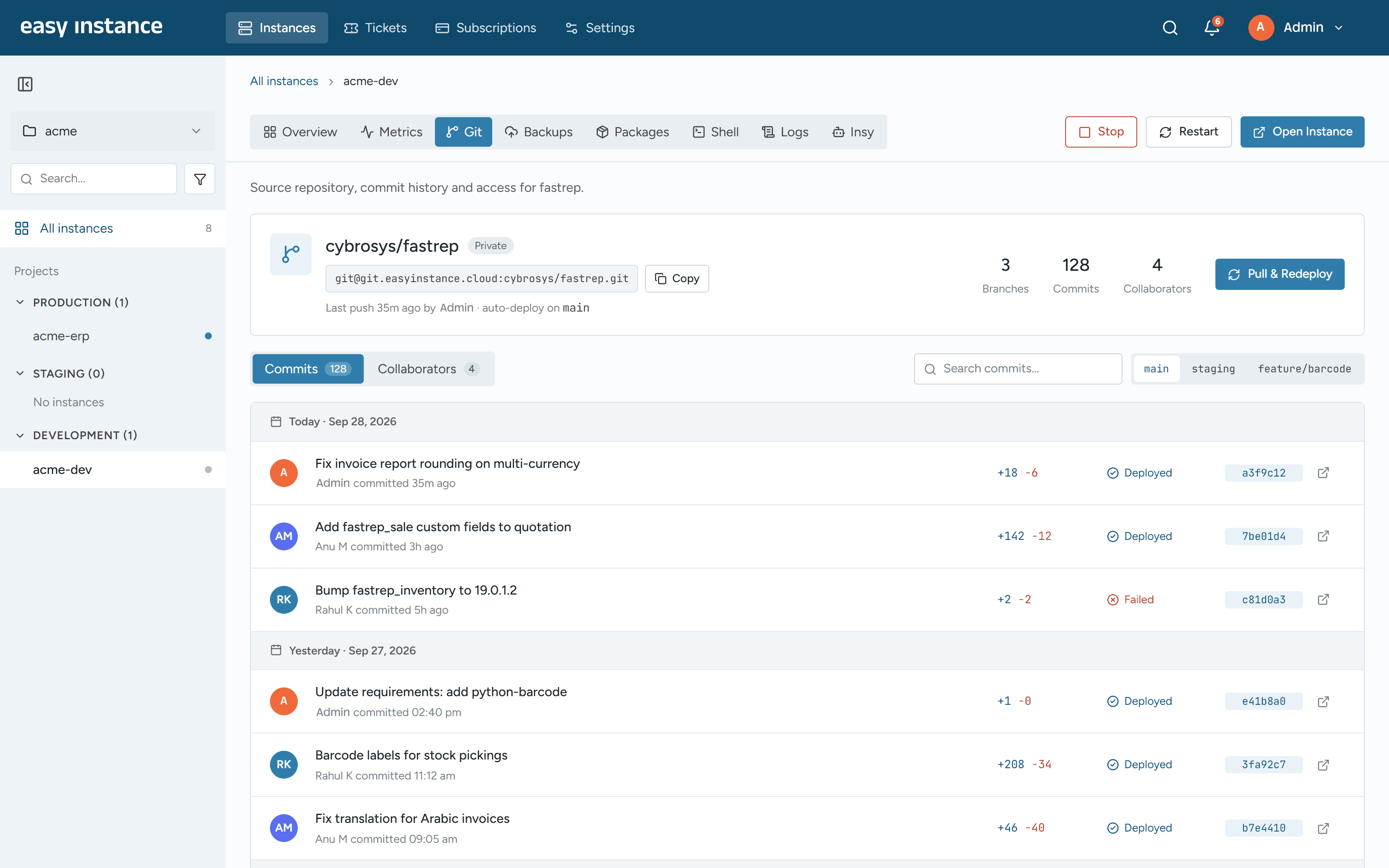 Easy Instance Git screen