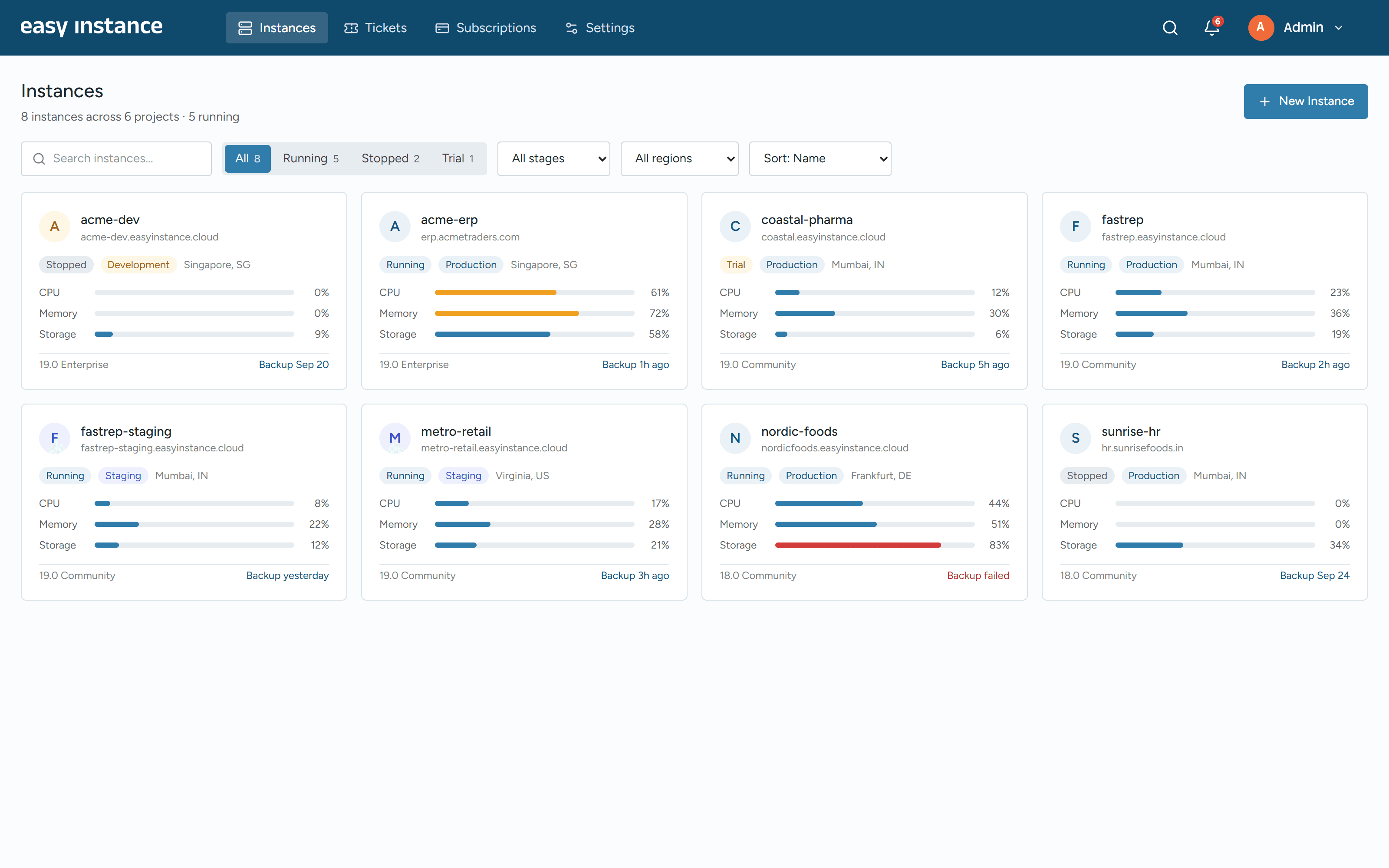Easy Instance dashboard listing Odoo instances across projects