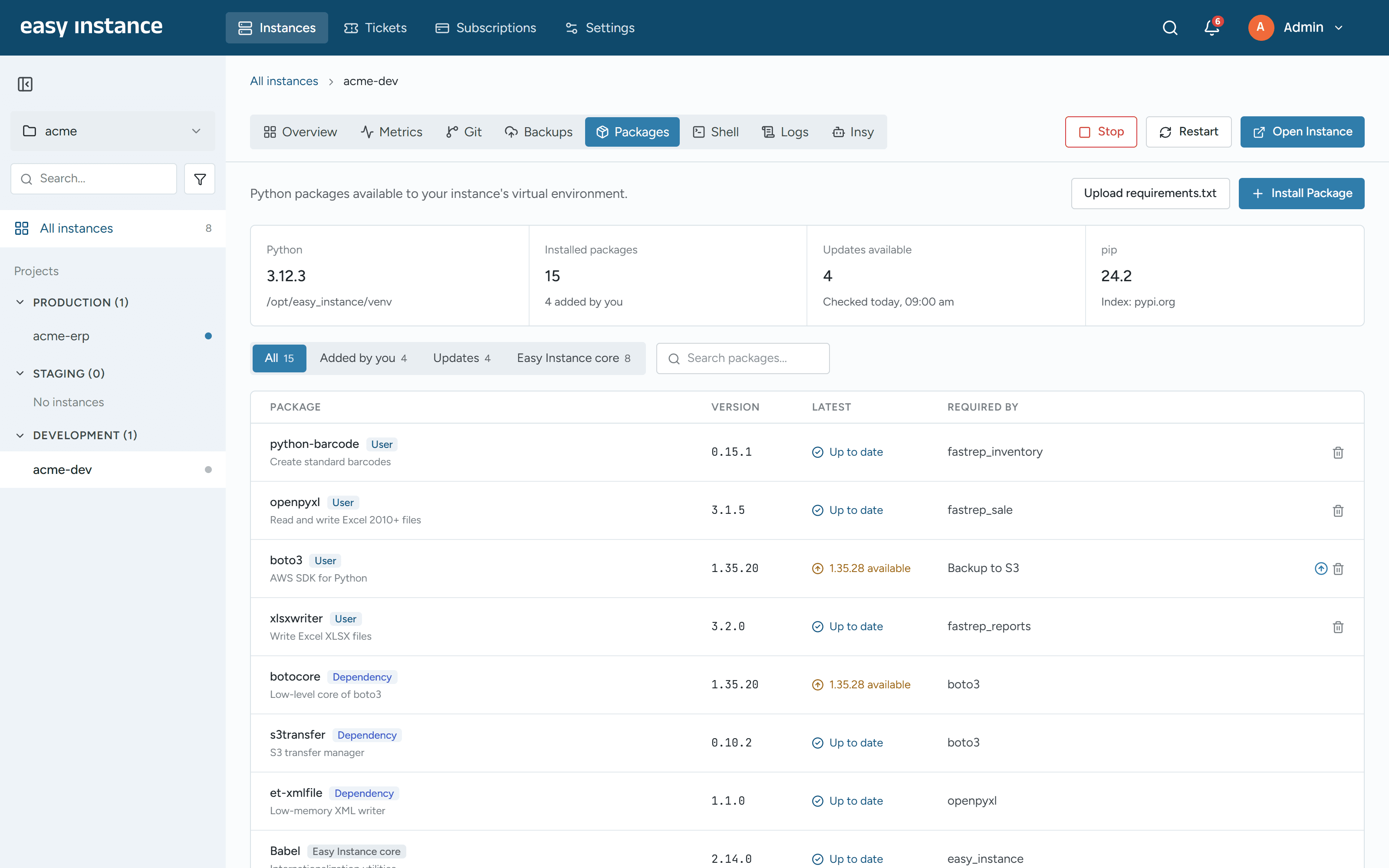 Easy Instance Packages screen
