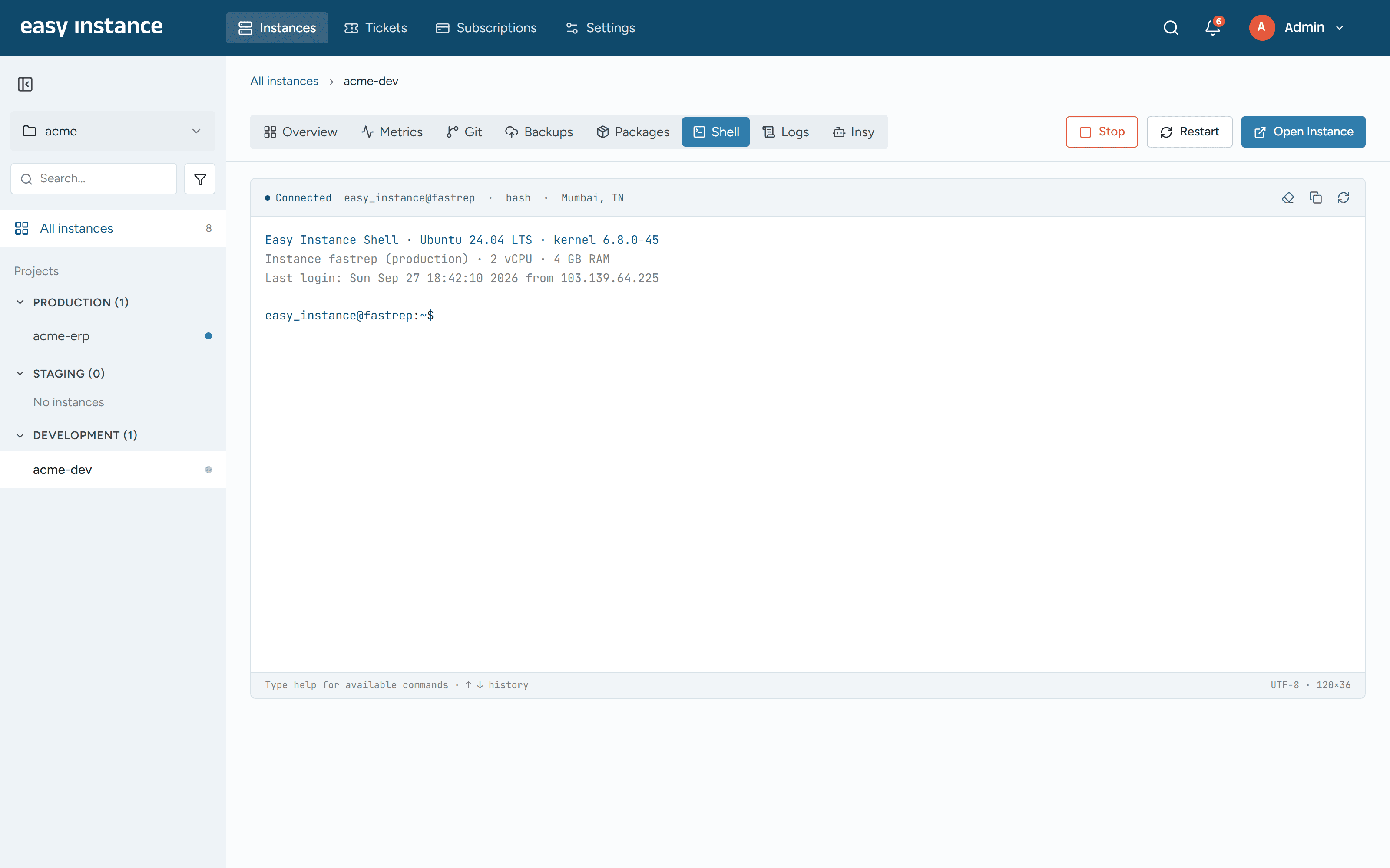 Easy Instance Shell screen